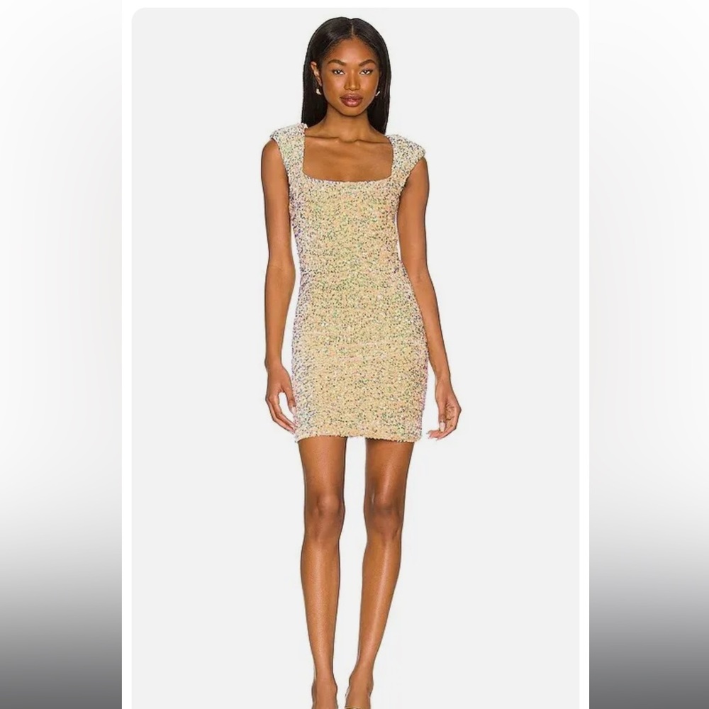 ASTR the Label Galaxy Dress Iridescent Gold Sequin Embellished Mini Dress Small